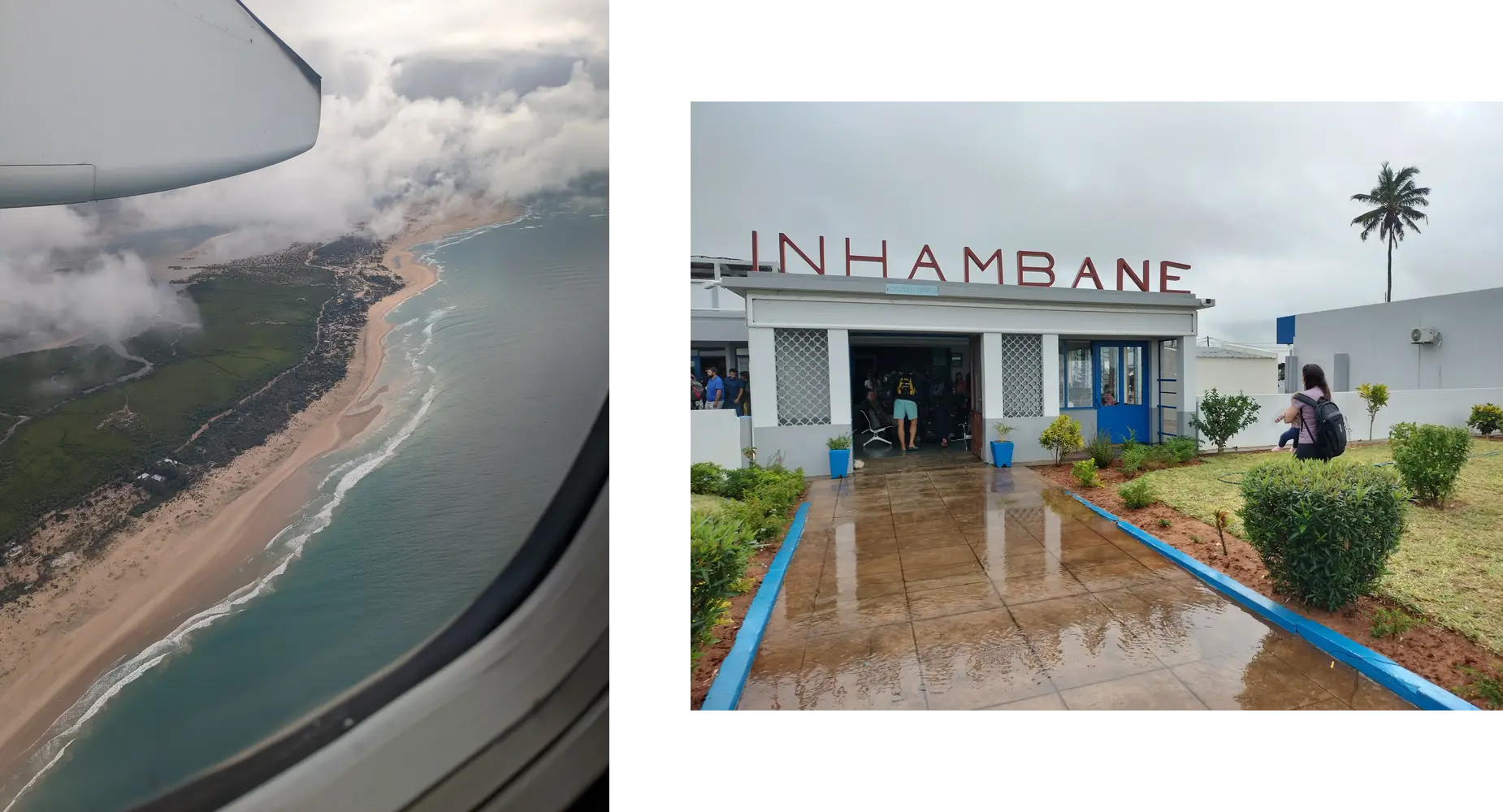 left: The approach to Inhambane aiport ❖ right: The tiny one-room airport. Pick your luggage up on the tarmac!