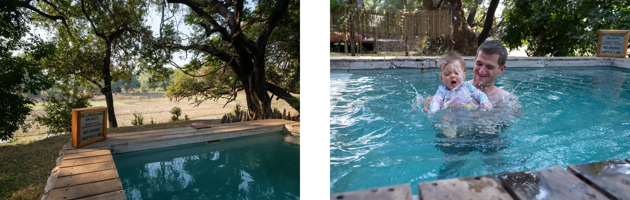 Sonja enjoyed the pool at our tent in KuKaya camp, which overlooked the (mostly) dry riverbed. We saw giraffe, warthog, zebra, wildebeest from our deck. At night, armed guards walked us back to the tent from the dining area and on one such trip we saw a hippo grazing right in from of our tent!