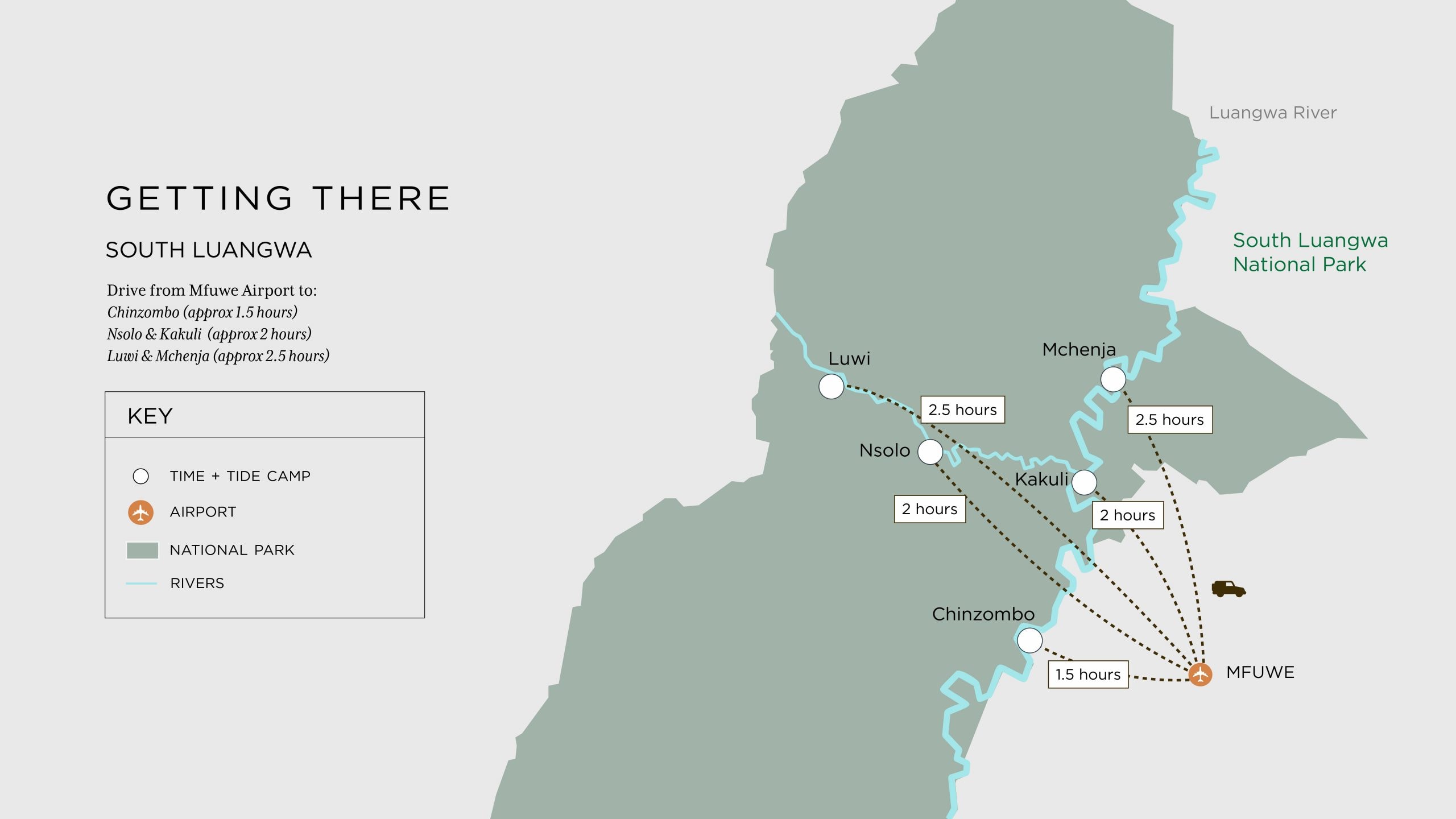 A map of the Time & Tide properties inside South Luangwa NP. We flew into the town of Mfuwe