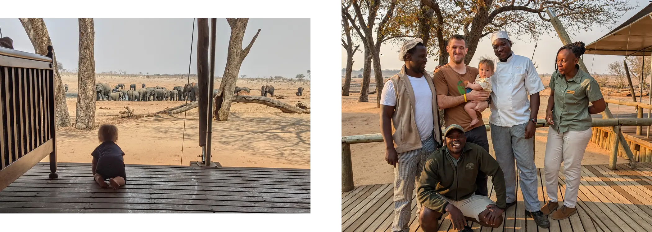 left: The back porch of our family tent, with over 100 elephants at the watering hole ❖ right: The Verney&rsquo;s Camp crew! Trust (Guide), Chipo (host) and two of the chefs